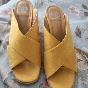 new directions Mustard Yellow Crisscross Wedge Slide Sandals